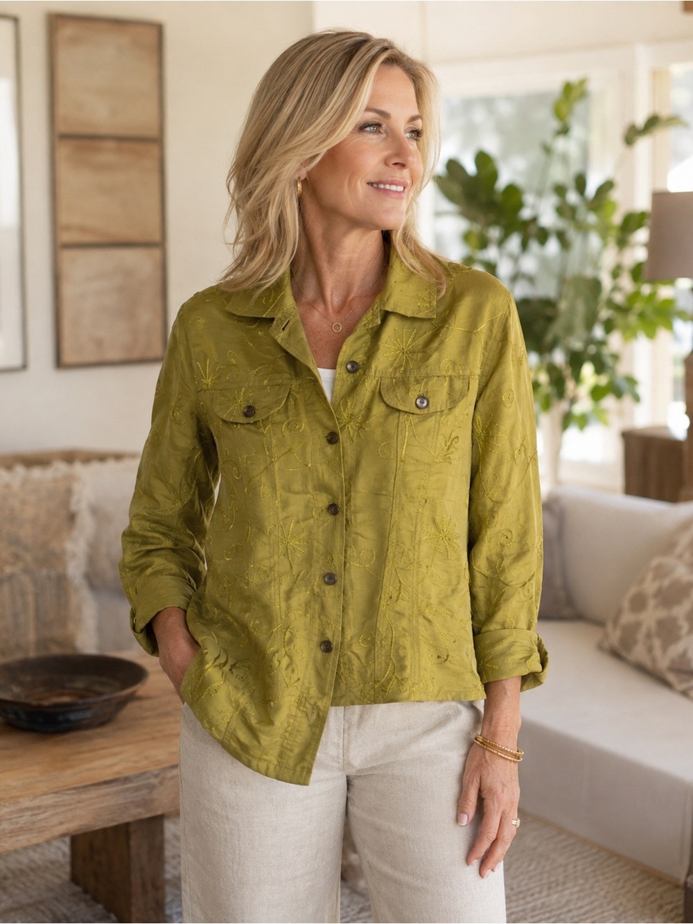Chico’s 100% Silk Embroidered Olive‎ Green Shirt Jacket Button Front Size 0